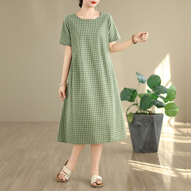 Retro Solid Color Plaid Pattern Crew Neck Short Sleeve Cotton Linen Midi Dress With Pockets