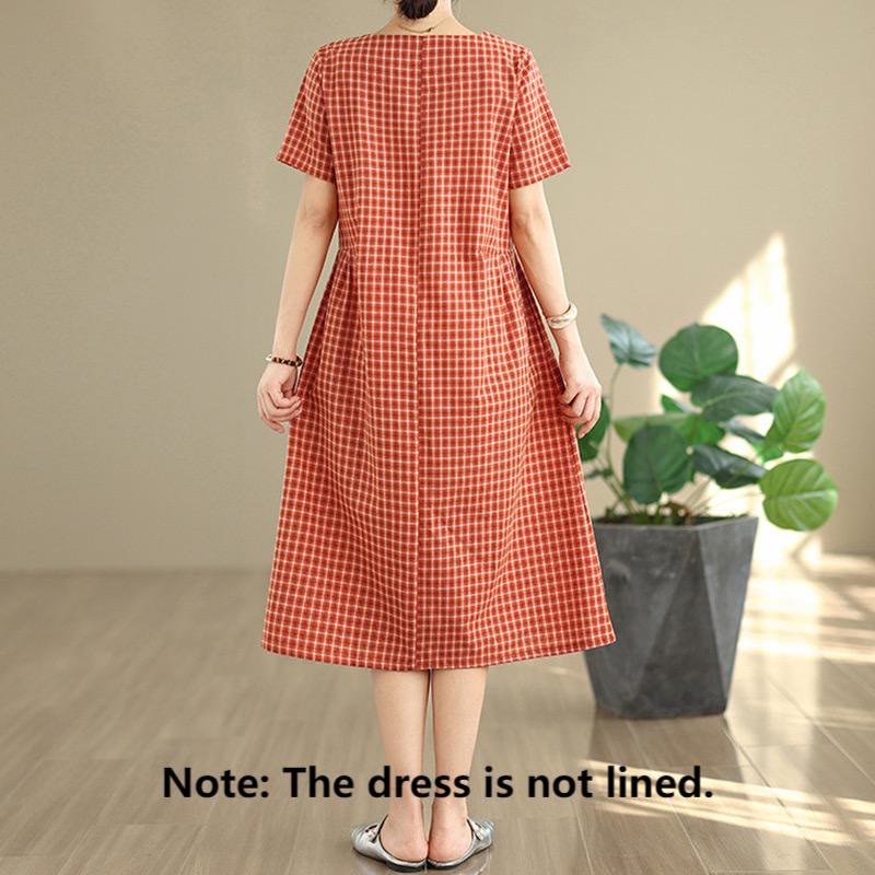 Retro Solid Color Plaid Pattern Crew Neck Short Sleeve Cotton Linen Midi Dress With Pockets