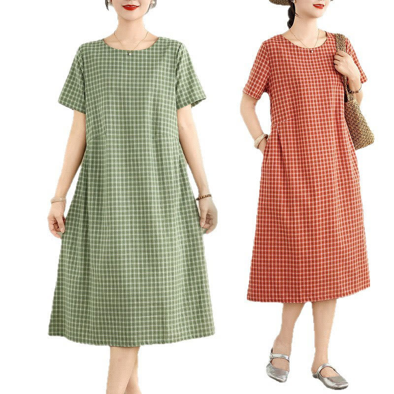 Retro Solid Color Plaid Pattern Crew Neck Short Sleeve Cotton Linen Midi Dress With Pockets