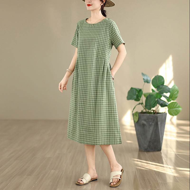 Retro Solid Color Plaid Pattern Crew Neck Short Sleeve Cotton Linen Midi Dress With Pockets