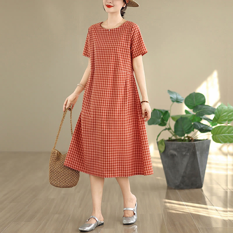 Retro Solid Color Plaid Pattern Crew Neck Short Sleeve Cotton Linen Midi Dress With Pockets