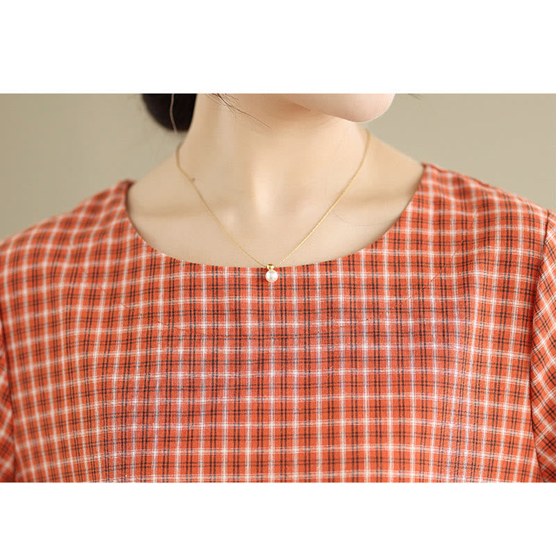 Retro Solid Color Plaid Pattern Crew Neck Short Sleeve Cotton Linen Midi Dress With Pockets