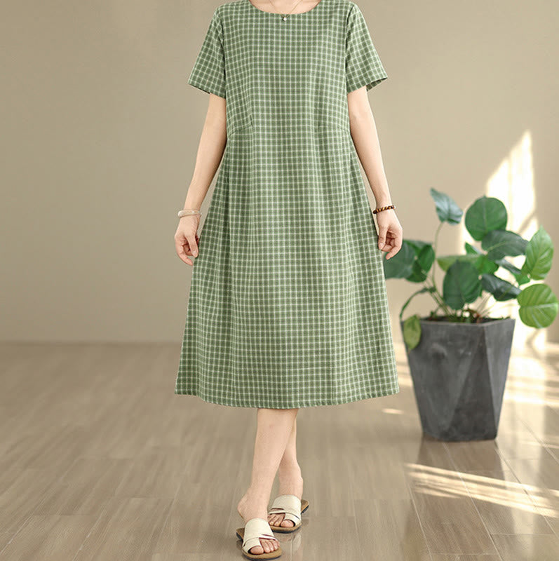 Retro Solid Color Plaid Pattern Crew Neck Short Sleeve Cotton Linen Midi Dress With Pockets