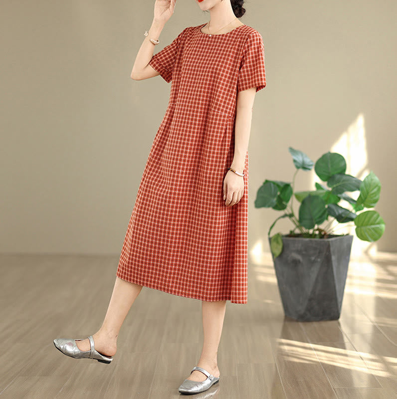 Retro Solid Color Plaid Pattern Crew Neck Short Sleeve Cotton Linen Midi Dress With Pockets