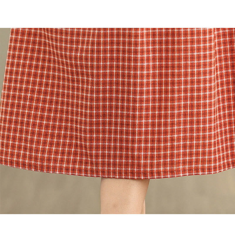 Retro Solid Color Plaid Pattern Crew Neck Short Sleeve Cotton Linen Midi Dress With Pockets