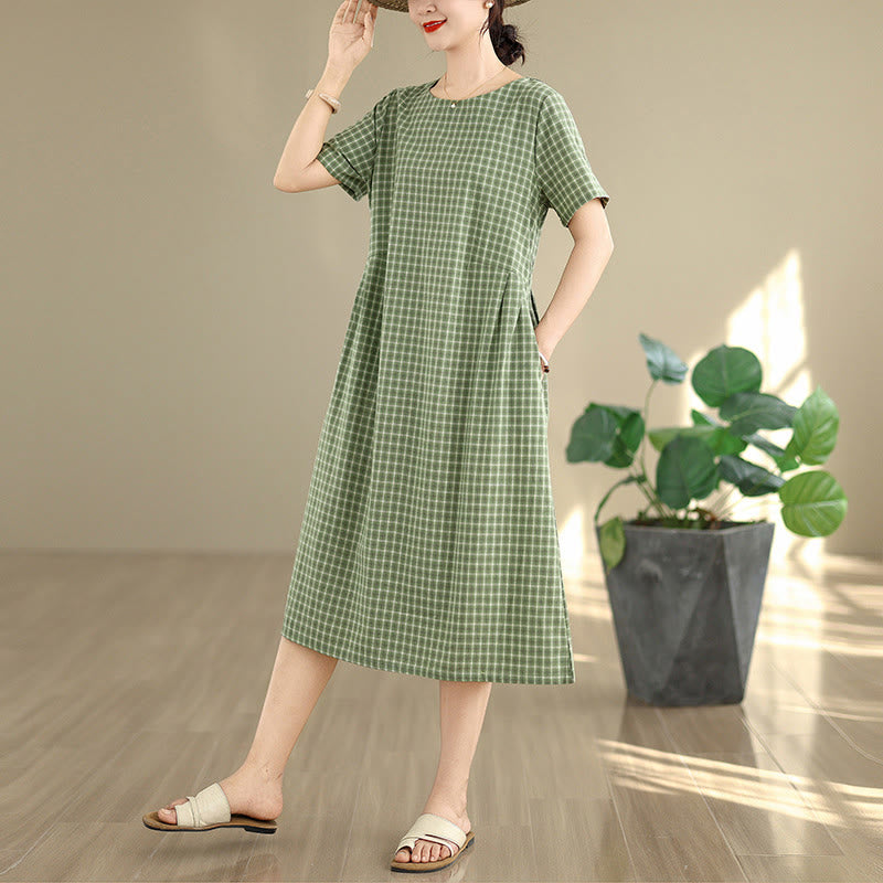 Retro Solid Color Plaid Pattern Crew Neck Short Sleeve Cotton Linen Midi Dress With Pockets