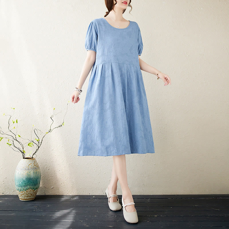 Cotton Linen Jacquard Puff Sleeve Meditation Midi Dress