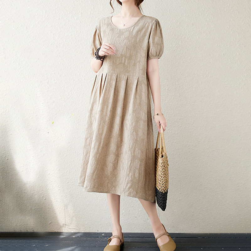 Cotton Linen Jacquard Puff Sleeve Meditation Midi Dress
