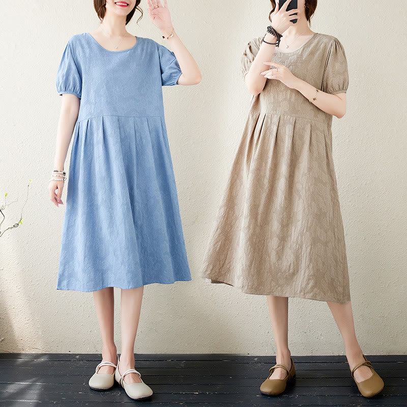 Cotton Linen Jacquard Puff Sleeve Meditation Midi Dress