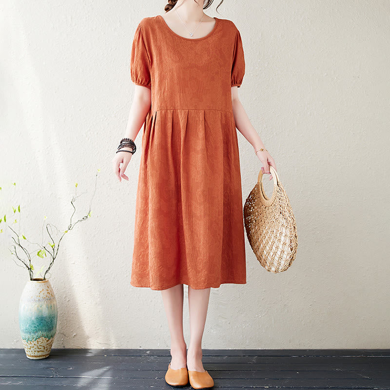 Cotton Linen Jacquard Puff Sleeve Meditation Midi Dress