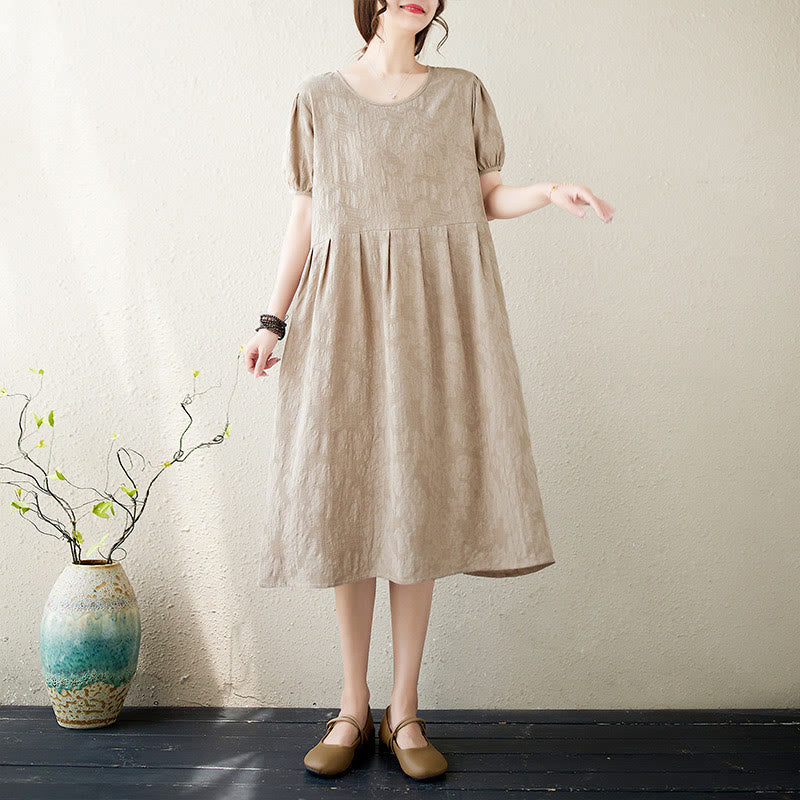 Cotton Linen Jacquard Puff Sleeve Meditation Midi Dress