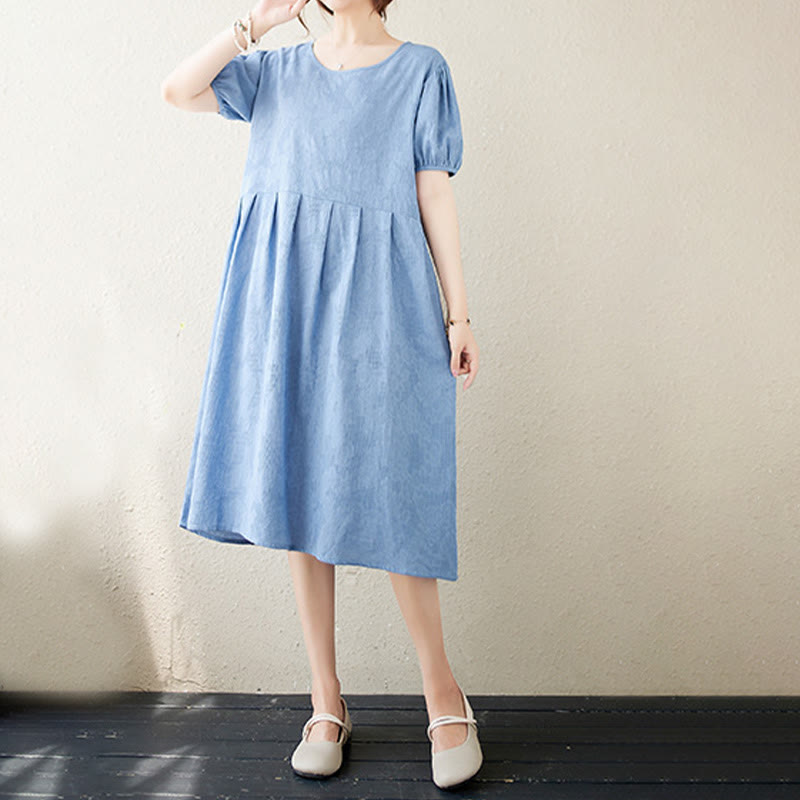 Cotton Linen Jacquard Puff Sleeve Meditation Midi Dress