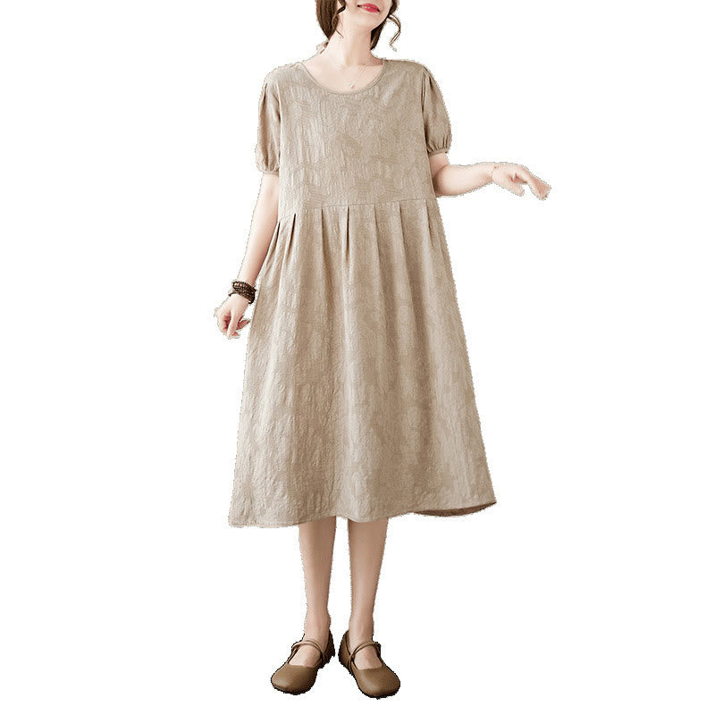Cotton Linen Jacquard Puff Sleeve Meditation Midi Dress