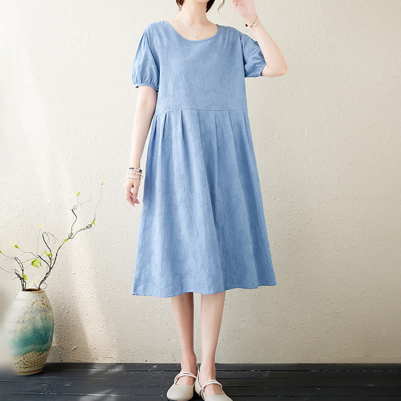 Cotton Linen Jacquard Puff Sleeve Meditation Midi Dress