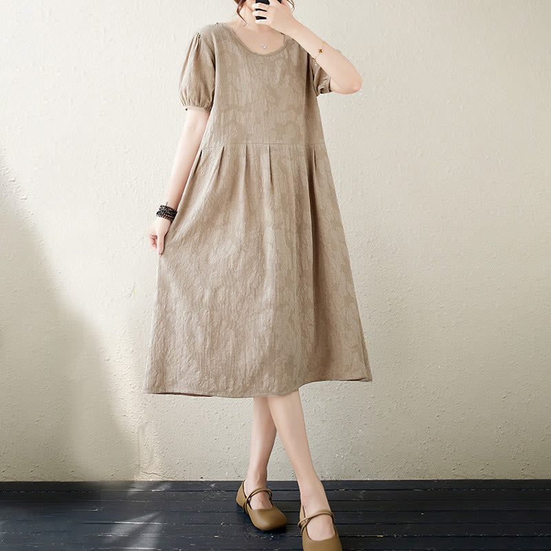 Cotton Linen Jacquard Puff Sleeve Meditation Midi Dress