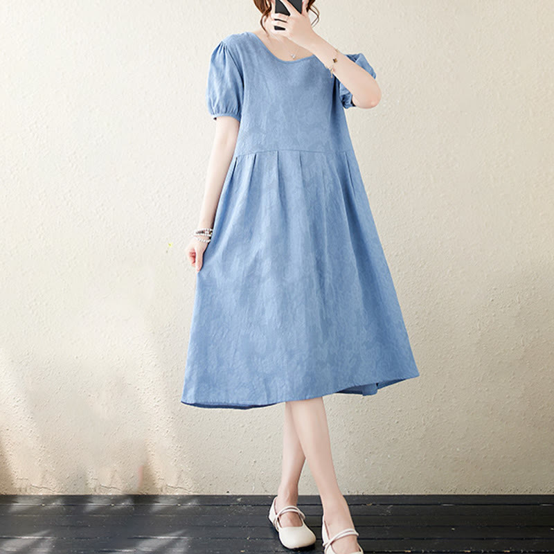 Cotton Linen Jacquard Puff Sleeve Meditation Midi Dress
