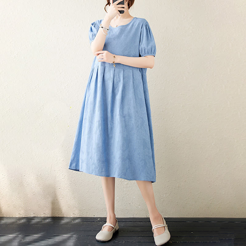 Cotton Linen Jacquard Puff Sleeve Meditation Midi Dress