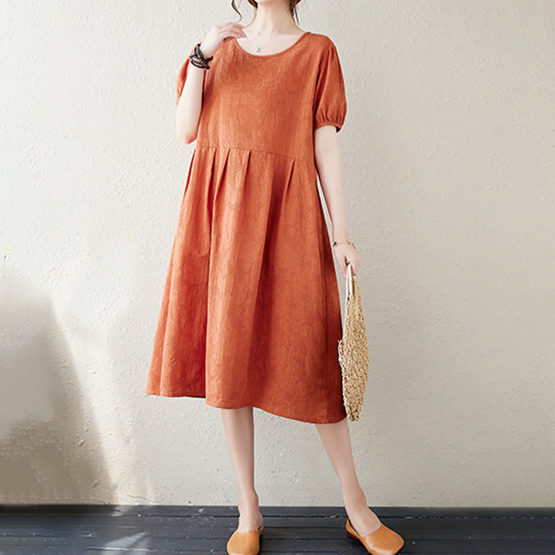 Cotton Linen Jacquard Puff Sleeve Meditation Midi Dress