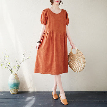 Cotton Linen Jacquard Puff Sleeve Meditation Midi Dress