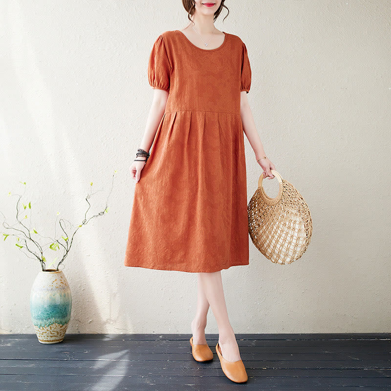 Cotton Linen Jacquard Puff Sleeve Meditation Midi Dress