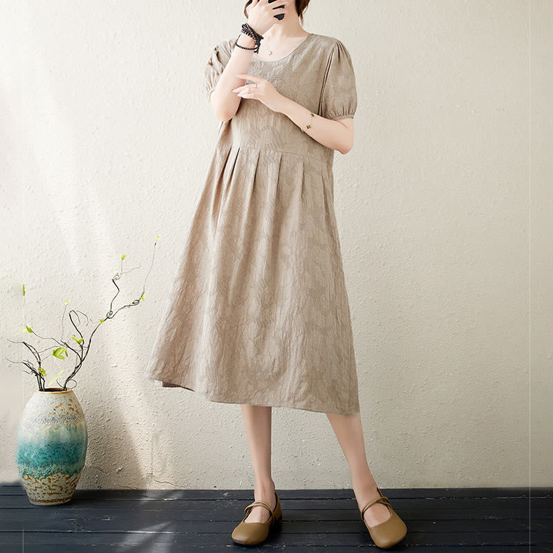 Cotton Linen Jacquard Puff Sleeve Meditation Midi Dress