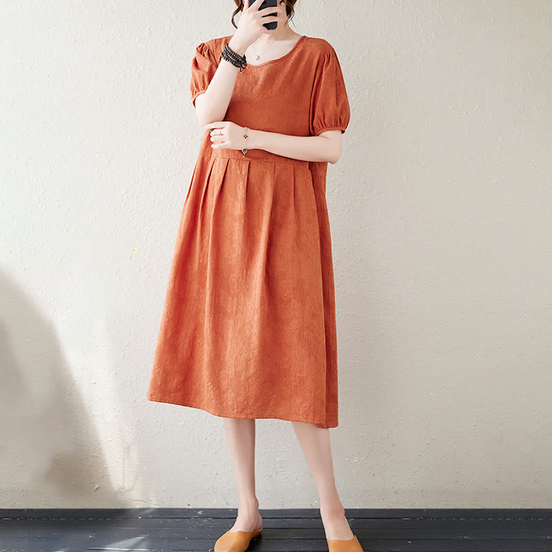 Cotton Linen Jacquard Puff Sleeve Meditation Midi Dress