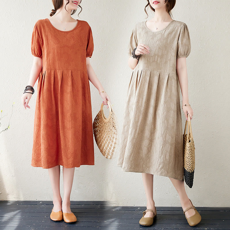 Cotton Linen Jacquard Puff Sleeve Meditation Midi Dress