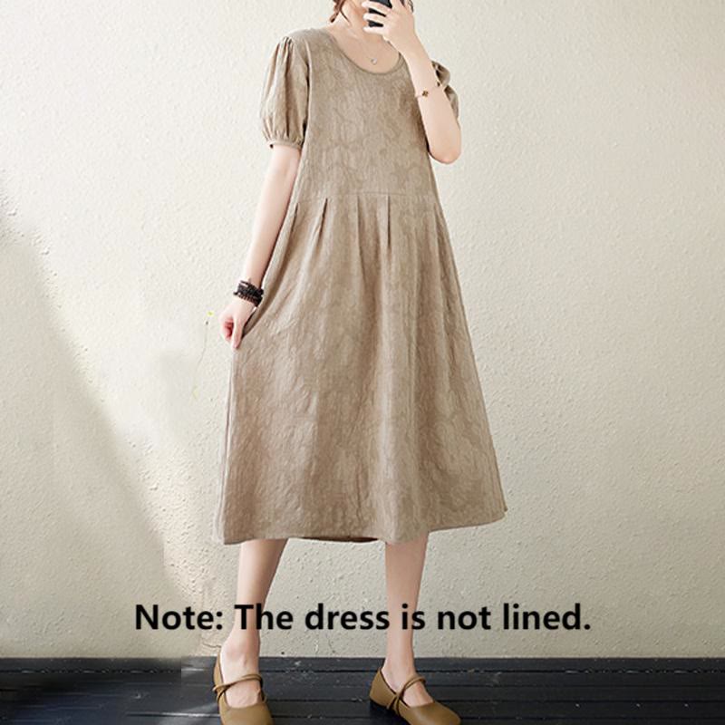 Cotton Linen Jacquard Puff Sleeve Meditation Midi Dress