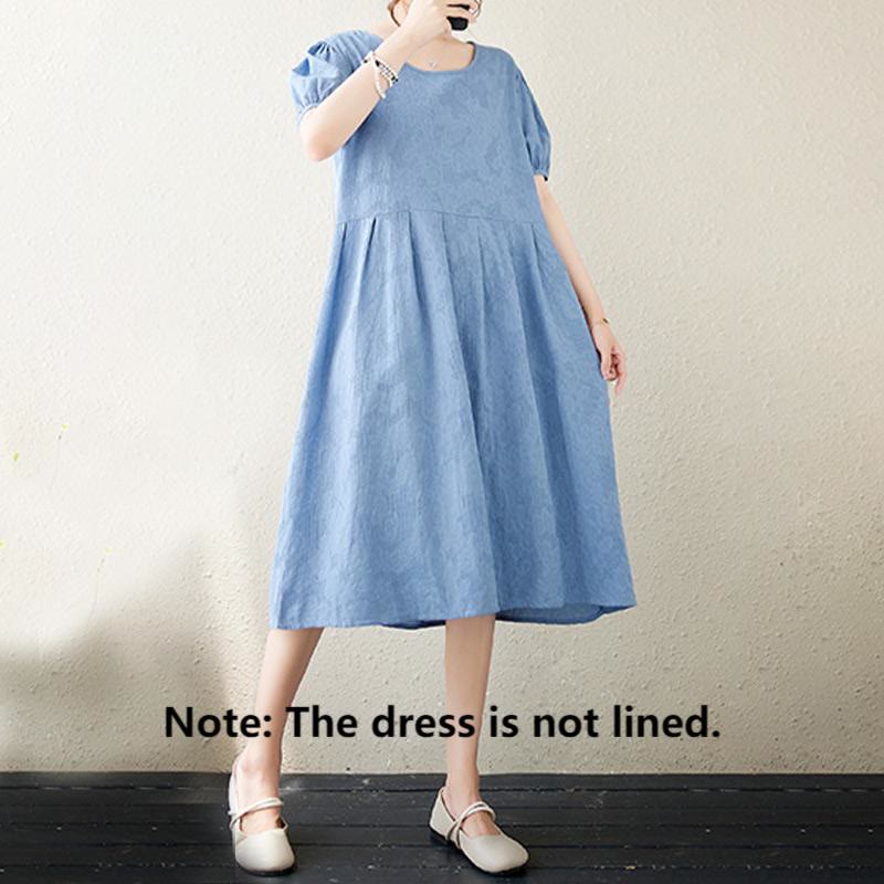 Cotton Linen Jacquard Puff Sleeve Meditation Midi Dress