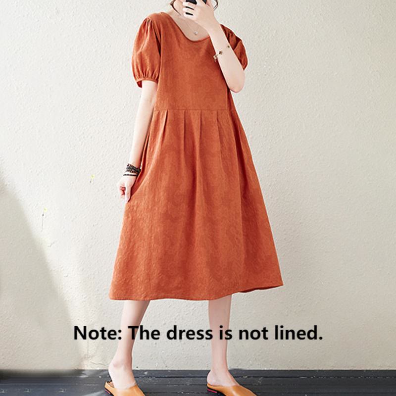 Cotton Linen Jacquard Puff Sleeve Meditation Midi Dress