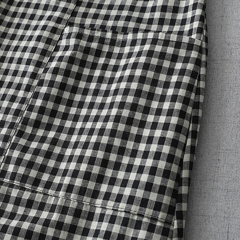 Casual Vintage Plaid Pattern Lapel Short Sleeve Cotton Midi Dress With Pockets