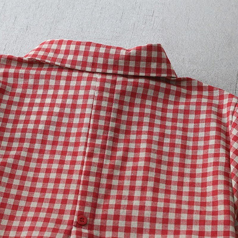 Casual Vintage Plaid Pattern Lapel Short Sleeve Cotton Midi Dress With Pockets