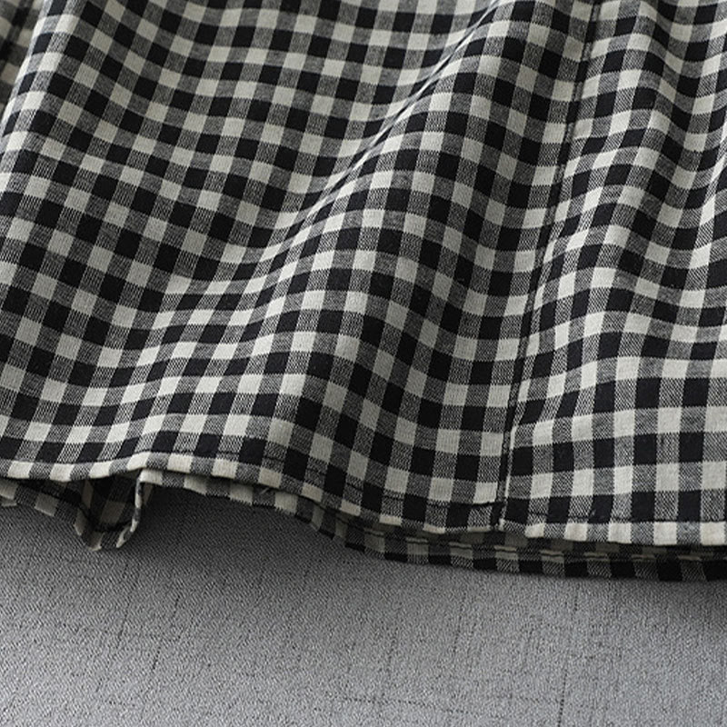 Casual Vintage Plaid Pattern Lapel Short Sleeve Cotton Midi Dress With Pockets