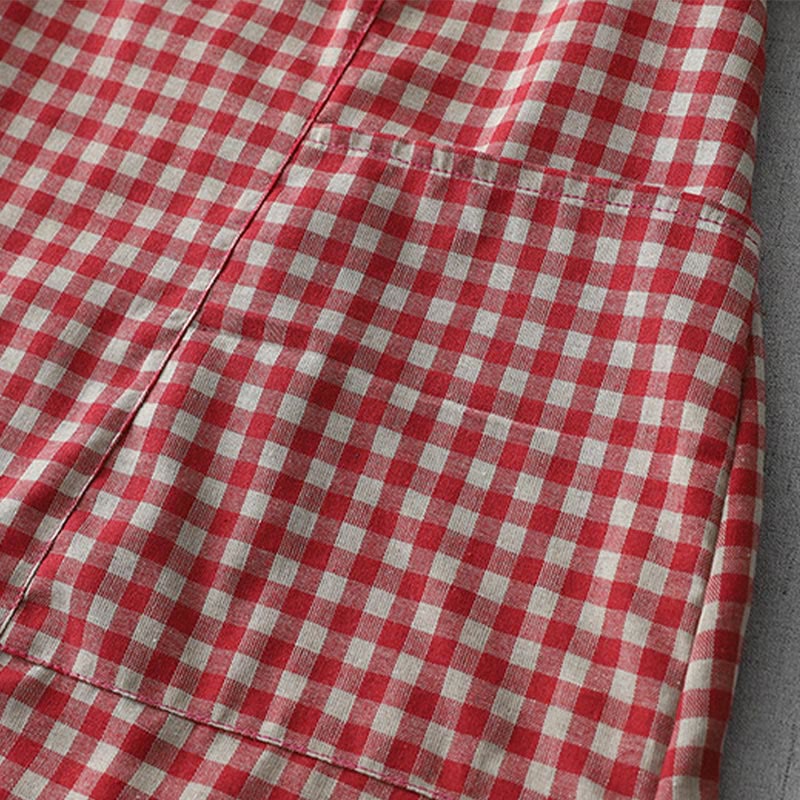 Casual Vintage Plaid Pattern Lapel Short Sleeve Cotton Midi Dress With Pockets