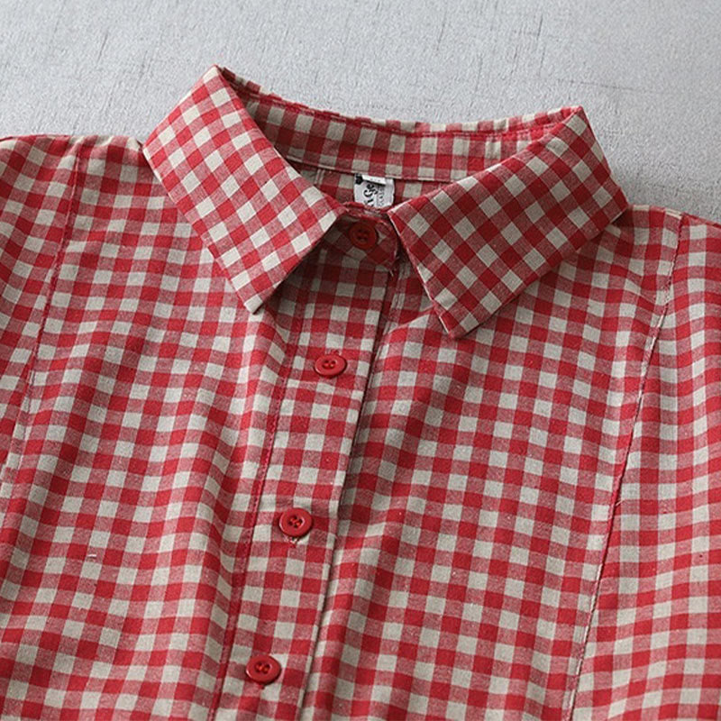 Casual Vintage Plaid Pattern Lapel Short Sleeve Cotton Midi Dress With Pockets