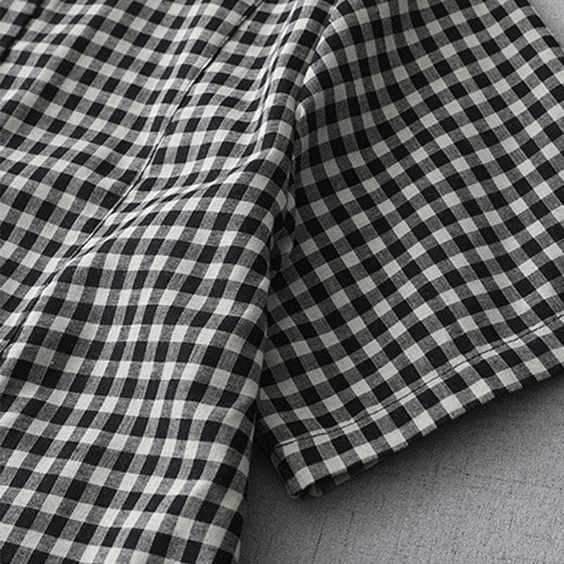 Casual Vintage Plaid Pattern Lapel Short Sleeve Cotton Midi Dress With Pockets