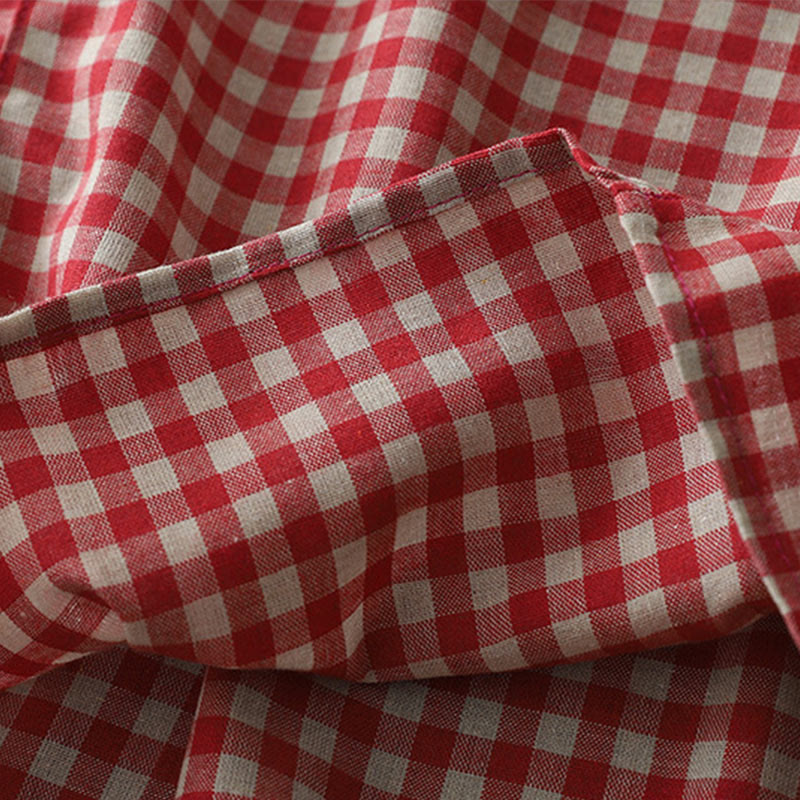 Casual Vintage Plaid Pattern Lapel Short Sleeve Cotton Midi Dress With Pockets