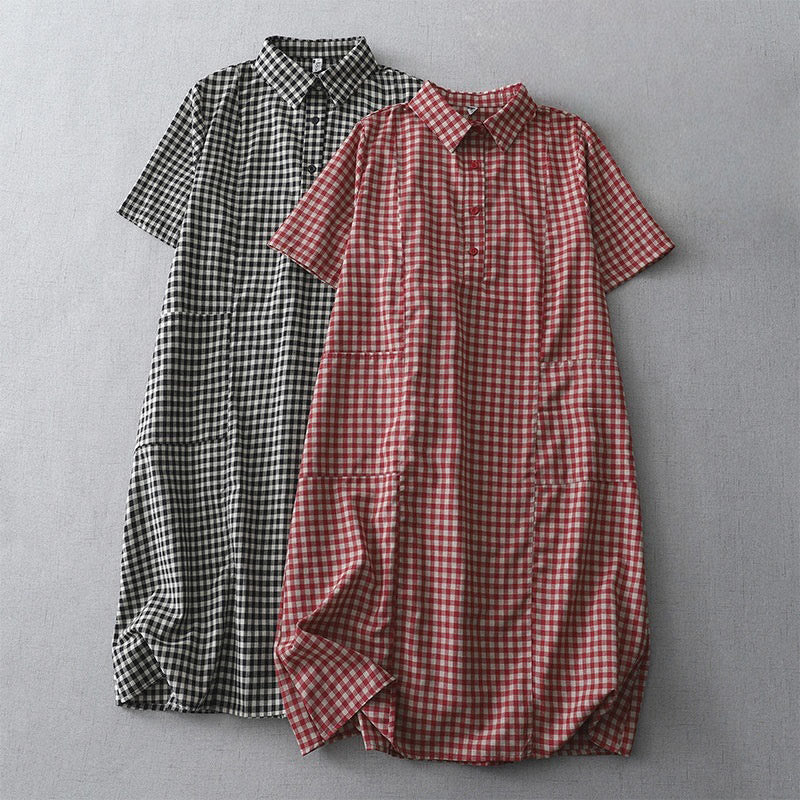 Casual Vintage Plaid Pattern Lapel Short Sleeve Cotton Midi Dress With Pockets