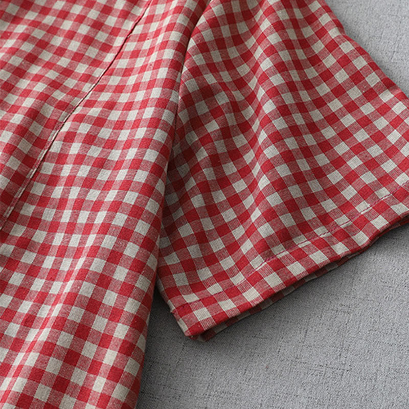 Casual Vintage Plaid Pattern Lapel Short Sleeve Cotton Midi Dress With Pockets