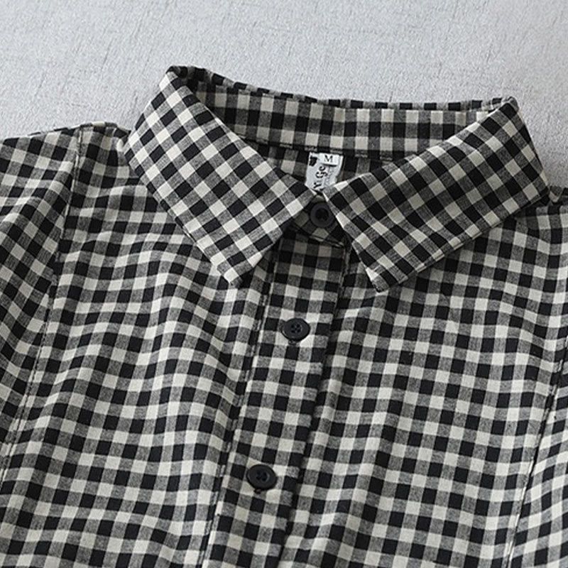 Casual Vintage Plaid Pattern Lapel Short Sleeve Cotton Midi Dress With Pockets