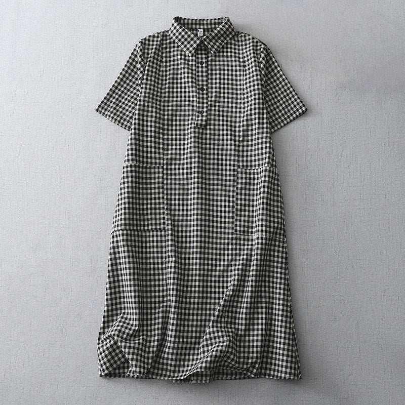 Casual Vintage Plaid Pattern Lapel Short Sleeve Cotton Midi Dress With Pockets