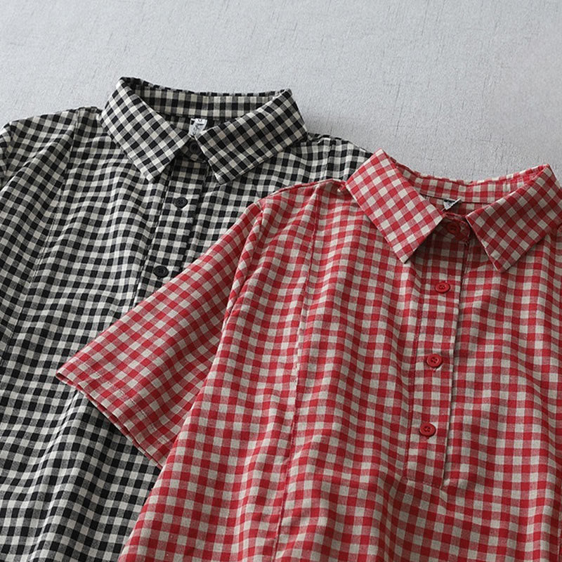Casual Vintage Plaid Pattern Lapel Short Sleeve Cotton Midi Dress With Pockets
