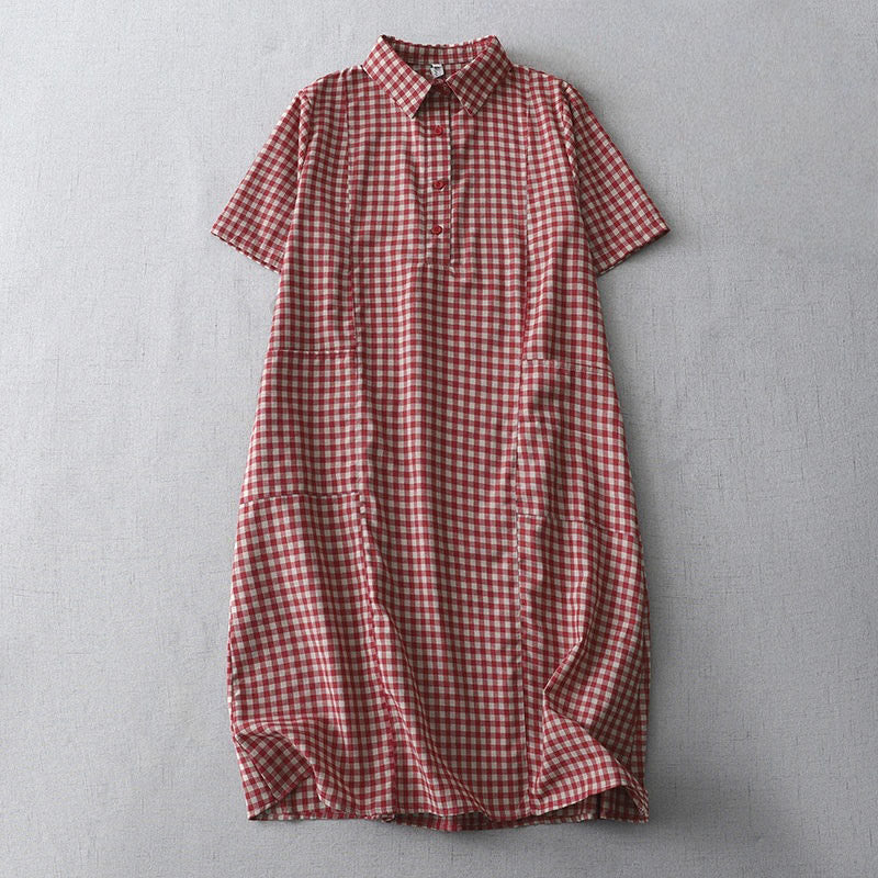 Casual Vintage Plaid Pattern Lapel Short Sleeve Cotton Midi Dress With Pockets