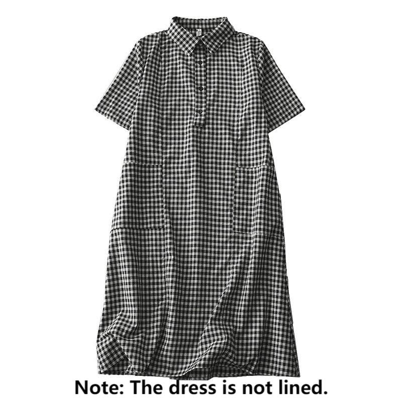 Casual Vintage Plaid Pattern Lapel Short Sleeve Cotton Midi Dress With Pockets