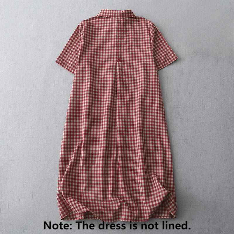 Casual Vintage Plaid Pattern Lapel Short Sleeve Cotton Midi Dress With Pockets
