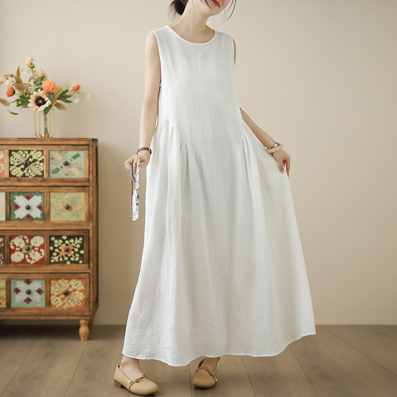 Breathable Cotton Sleeveless Meditation Midi Dress with Pockets