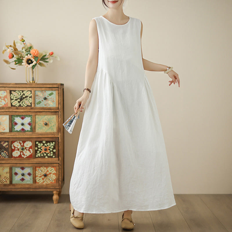 Breathable Cotton Sleeveless Meditation Midi Dress with Pockets