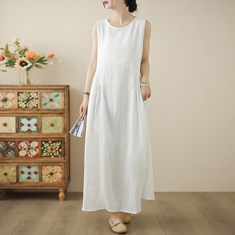 Breathable Cotton Sleeveless Meditation Midi Dress with Pockets