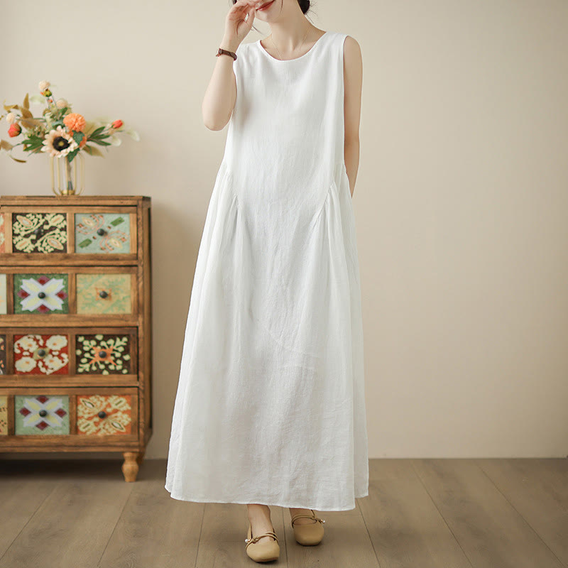 Breathable Cotton Sleeveless Meditation Midi Dress with Pockets