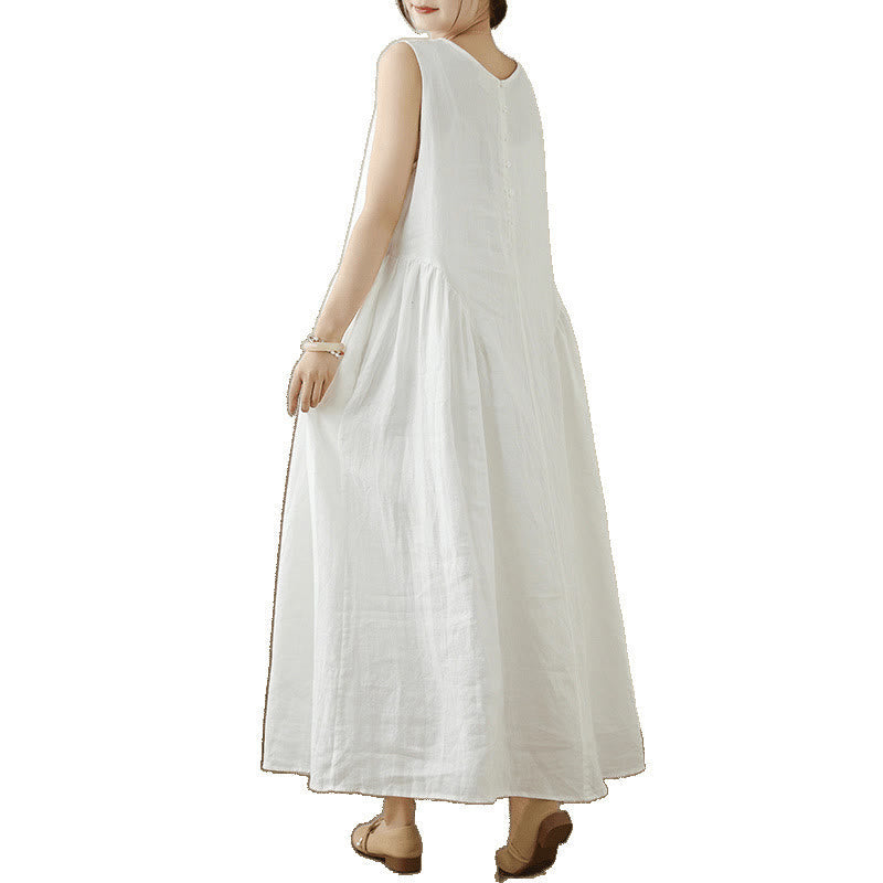 Breathable Cotton Sleeveless Meditation Midi Dress with Pockets